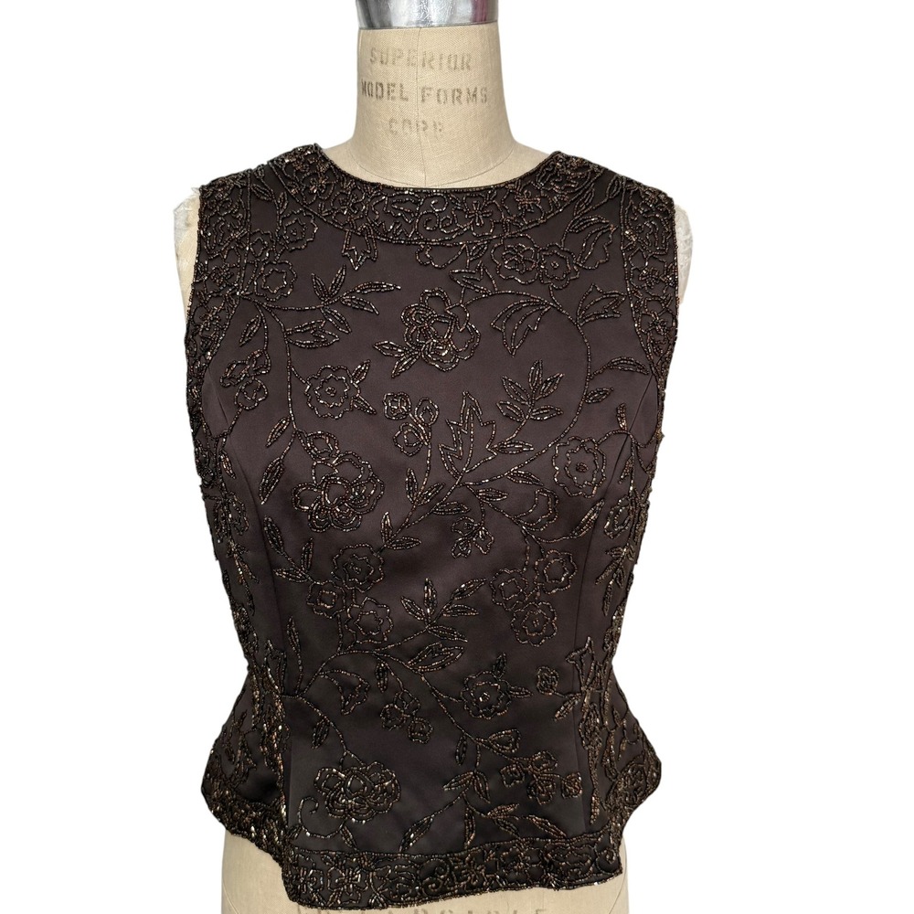Black Tie Oleg Cassini Beaded Top Size 12 Brown Floral Sleeveless Evening Vtg